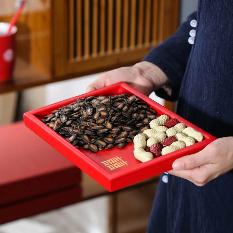 Chinese Red Square Wooden Tray, Wedding Tea Tray, Kitchen Storage for Desserts and Snacks, Solid Wood Tray for Tableware Storage