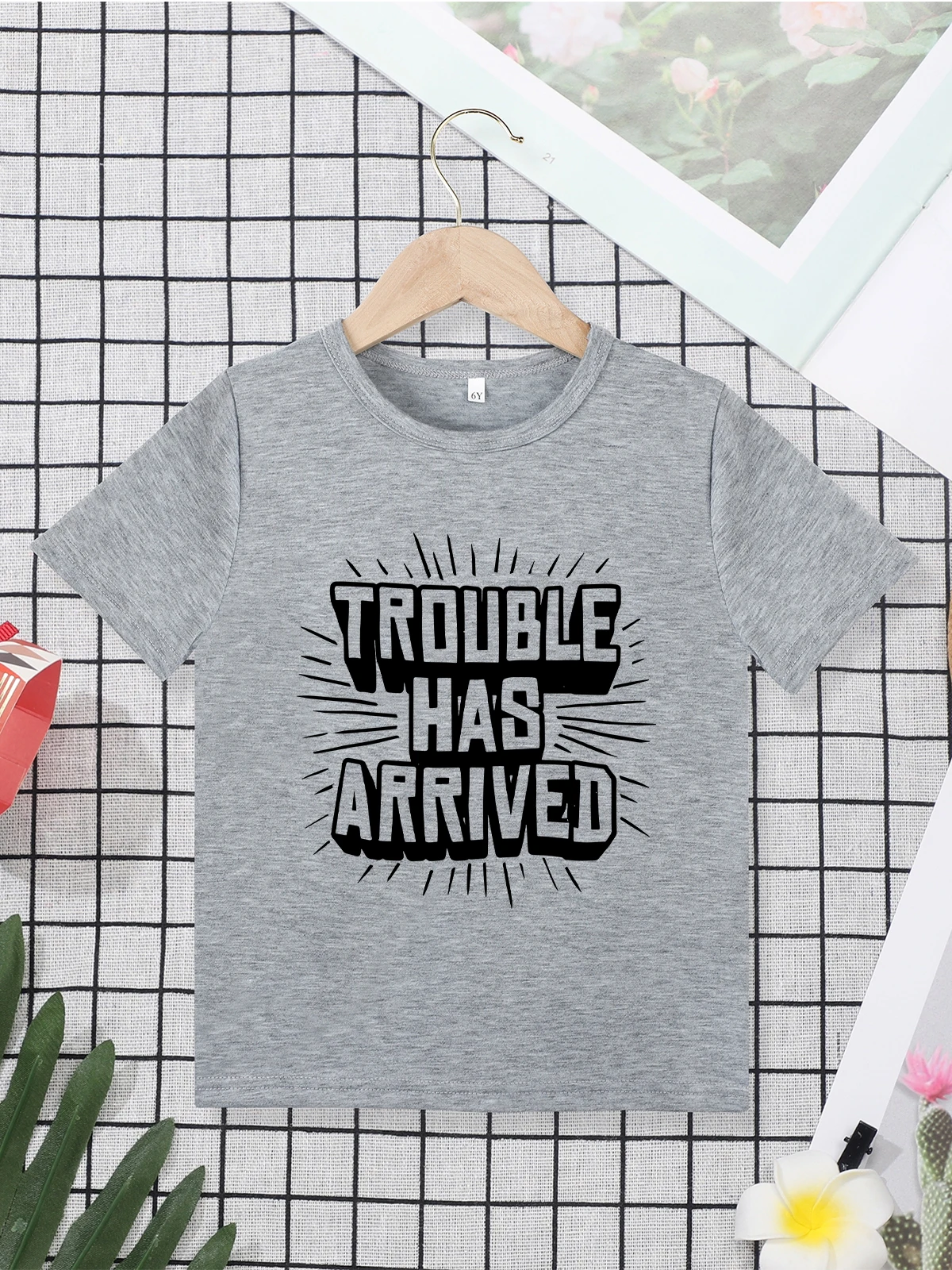 Trouble Has Arrived Funny Boys Clothes Grey Spring Summer Outdoor Casual Naughty Kids T Shirt High Quality Comfy Breathable