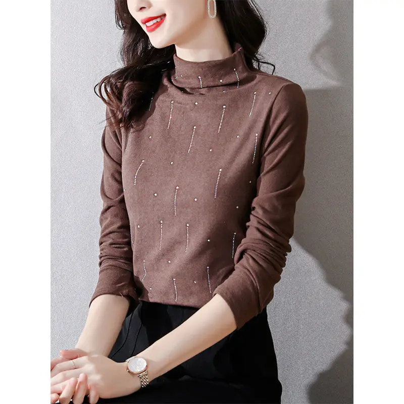 Korean Temperament Bottoming Diamonds Skinny Casual Solid Office Lady Women's Clothing Thick Autumn Winter Pullovers Keep Warm