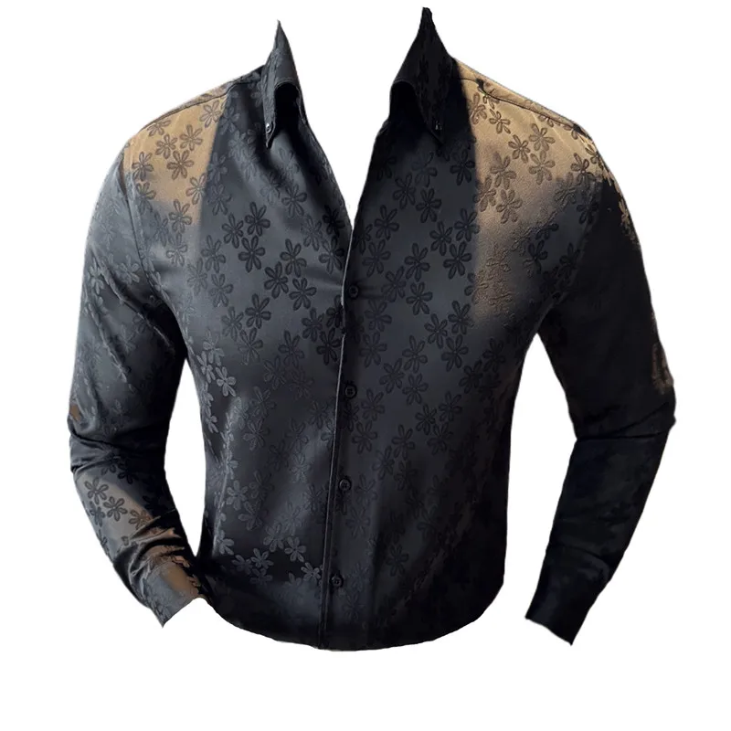 High Quality Dark Patterned Jacquard Men\'s Shirt Korean Designer Long Sleeved Slim Fit Casual Prom Tuxedo Black/White Shirt