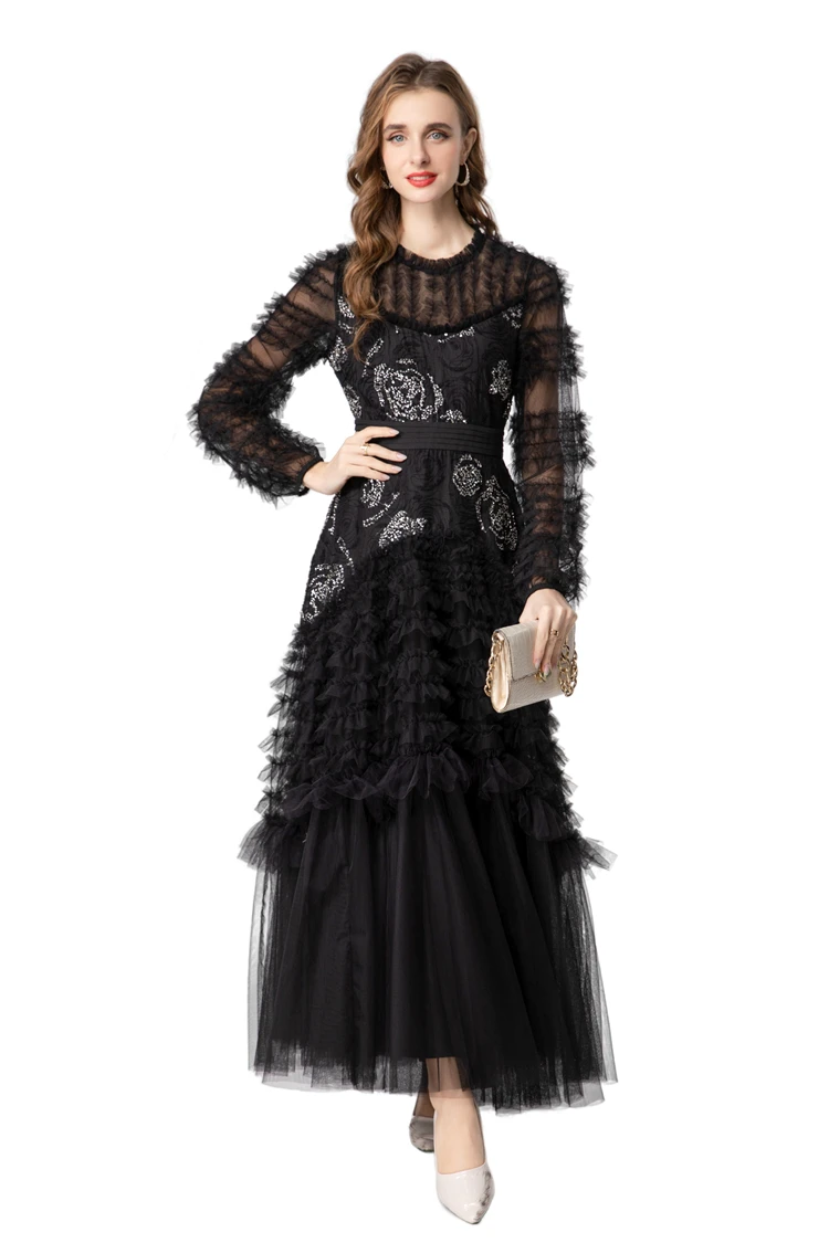 Women's Maxi Dress Elegant Black Sequin - Embellished Tulle O Neck Long Sleeves & Multi - tiered Ruffle Skirt Vestidos Prom