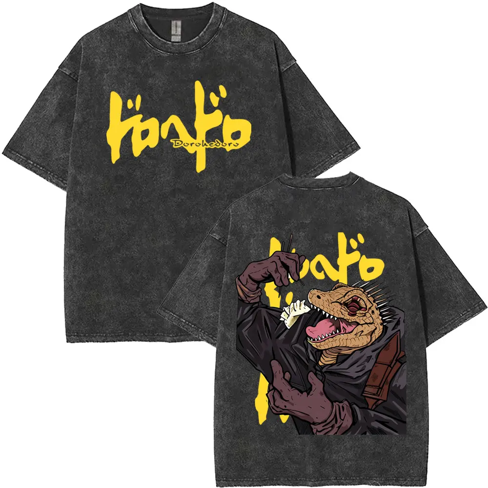 Anime Dorohedoro Kaiman Vintage Washed T-shirt Men Women Cool Manga Rock T-shirts Gothic Horror Tee Shirt Oversized Streetwear