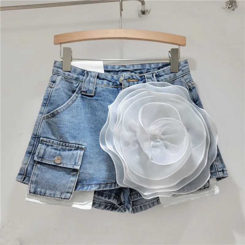 Mini jupe en denim taille haute à fleurs pour femmes, design de mode, jupes courtes rondes sur la hanche, ligne A rétro délavée, Y2k, été 2024, nouveau