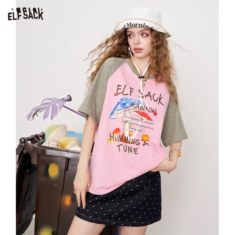 

ELFSACK 2025 Summer New Arrival Loose Casual Niche Top Insert Shoulder Collision Colour Printing Short Sleeve T-Shirt For Women