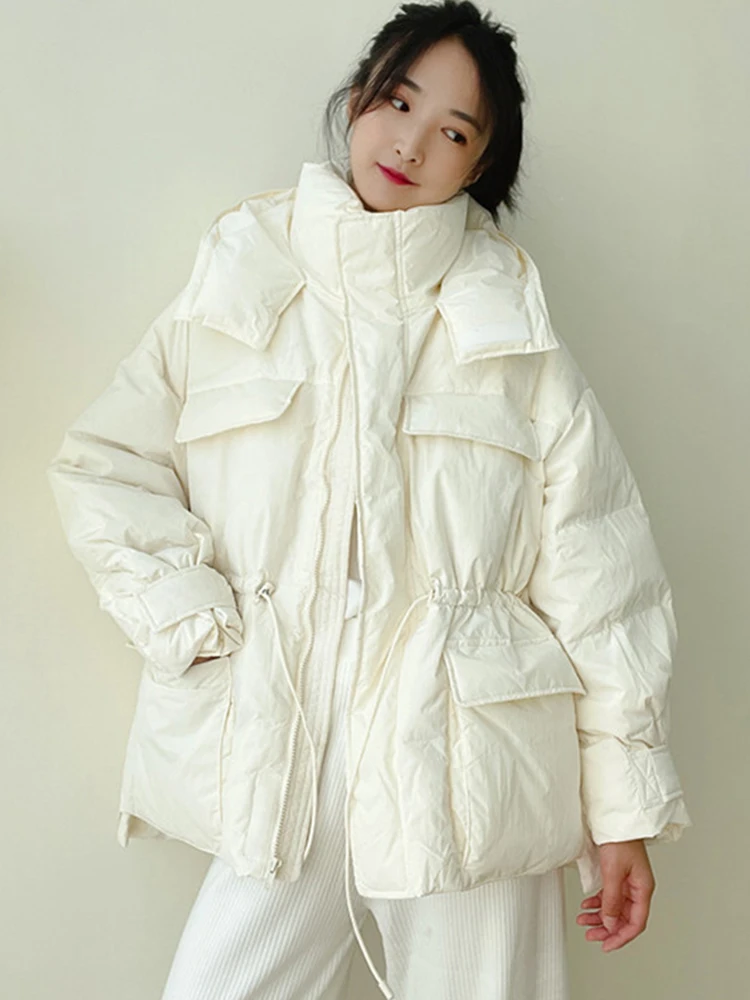 Fitaylor Winter Hooded Light Feather Short Jacket Women 90% White Duck Down Warm Thick Coat Irregular High Waist Fluffy Outwear