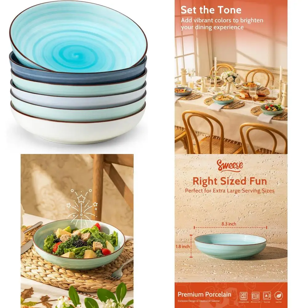 

pasta bowls set of 6, 30 ounce ceramic salad plates for dishwasher & microwave safe - solid salad bowls, soup bowls - deep plat