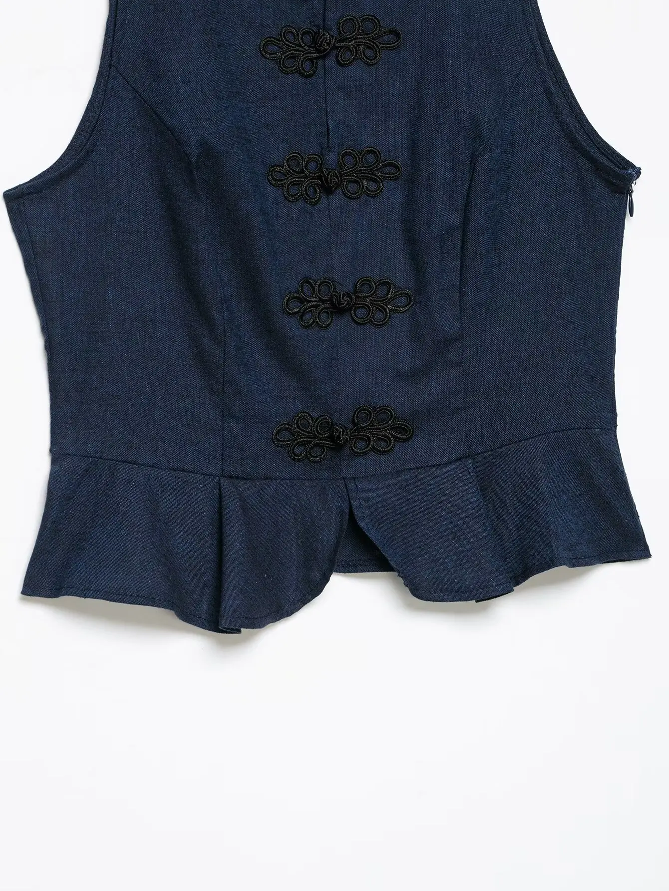 HH Minimalistische Elegante Jeansweste mit Chinesischen Froschknöpfen, Stehkragen und Schößchen für Frühling und Herbst, Business-Casual Bürokleidung – Detail 7