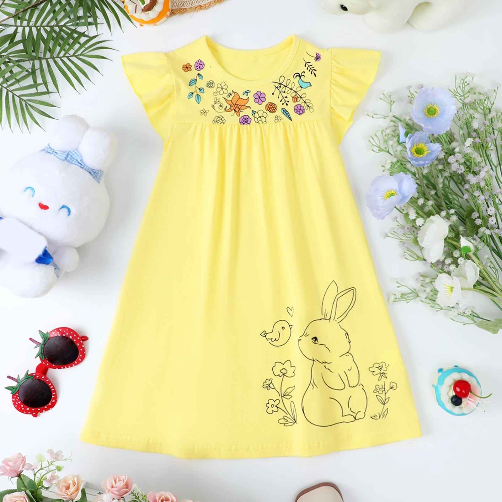 vestido-feminino-amarelo-de-algodao-puro-gola-redonda-manga-voadora-coelho-estampa-aleatoria-casual-primavera-e-verao