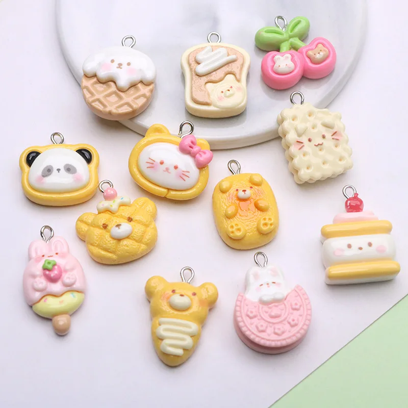 12Pcs Cute Cartoon Panda Cookie Cake Resin Charms DIY Jewelry Making Accessories For Earrings Keychain Pendant Ornaments