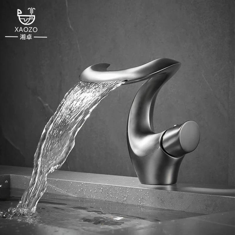 

Bathroom Copper Basin Faucet Bathroom Household Washbasin Waterfall Style Cold And Hot Splash Proof Gun Gray Faucet