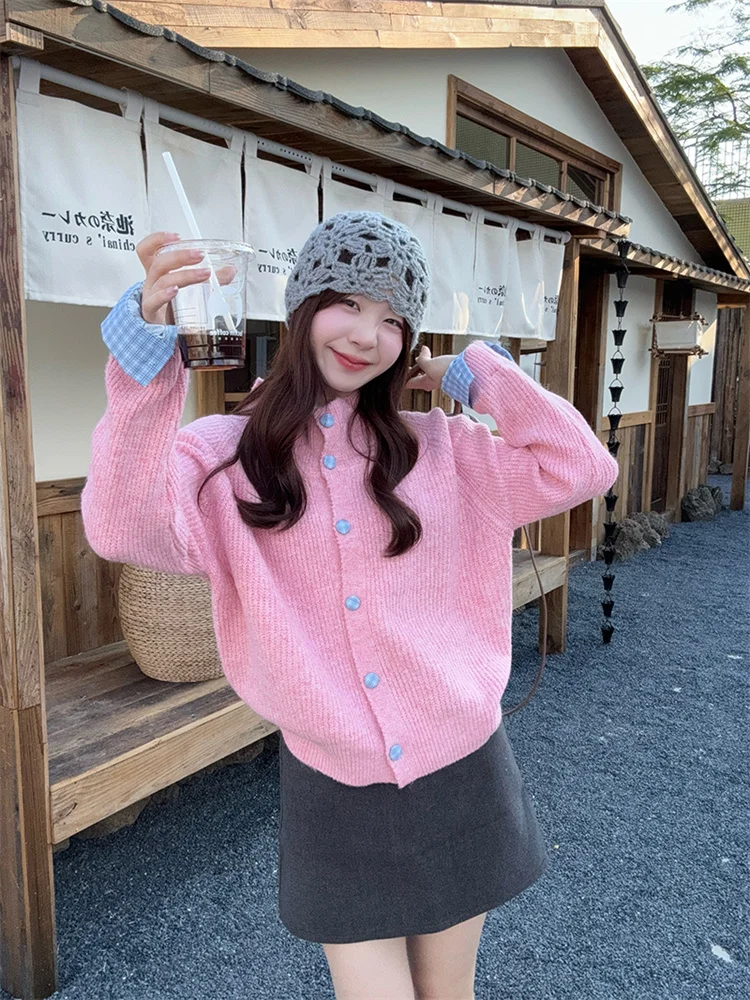 

Kawaii Style Pink Cardigan Women's Spring Autumn Contrasting Color Knit Sweater Stand Collar Long Sleeved Fake Two Piece Jumpers