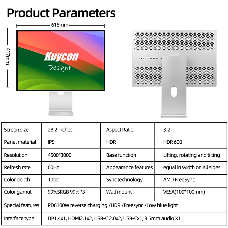 

Монитор Kuycon P20 4500*3000, 28.2 дюйма, дизайнерский, высококачественный IPS-дисплей с зеркальной поверхностью, для ноутбуков, с функцией разделения экрана