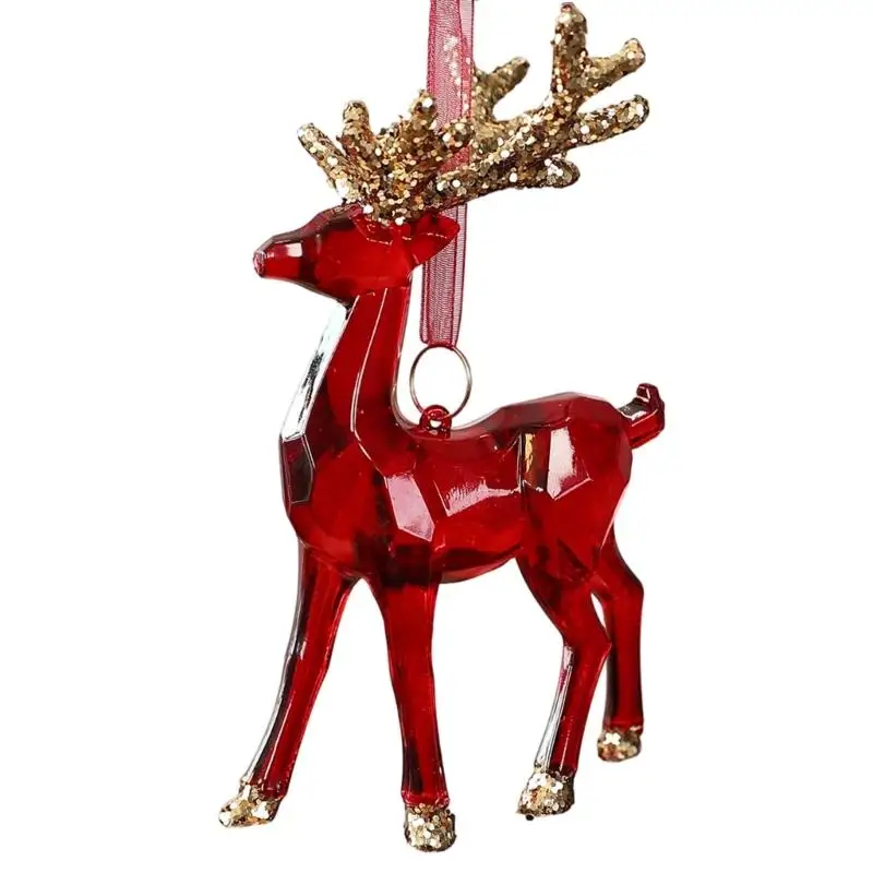 652F Ribbon-Suspended Deer Christmas Ornament, Faceted Plastic Reindeer with Shimmering Horns for Indoor Wreath Displays