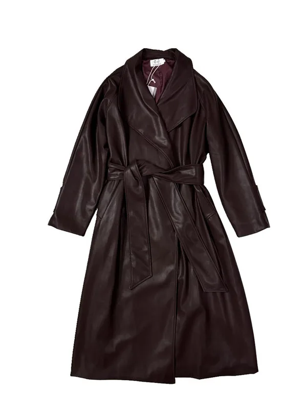 Ele Langer Leder-Jaset-Mantel mit tailliertem, knielangem Design und großem Kragen, Herbst-Winter-Neuheit für Damen