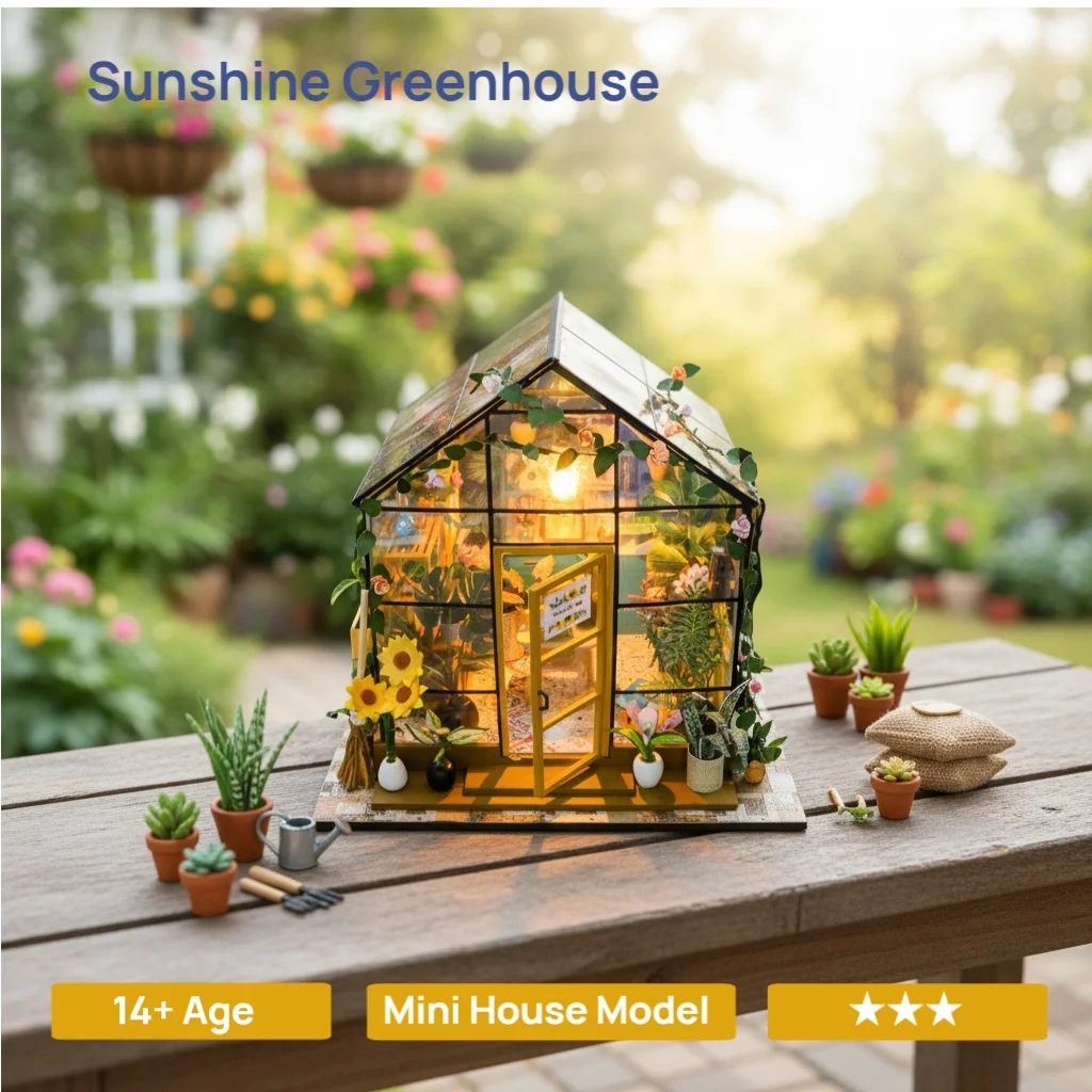 OUZEY 3D Wooden Dollhouse DIY Kit - “Blossom Cottage” with LED Light & Furniture, Creative Flower House Model & Gift