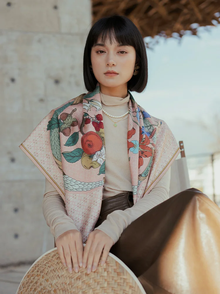 

Artistic Plant Illustration Silk Scarf Large Square Shawl Printed Design Slanted Stripe Pattern Pink Green for All Seasons