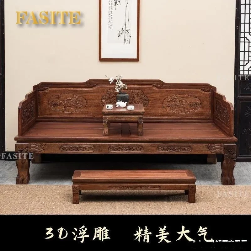 For Chinese Style Solid Wood Arhat Bed Pineapple Grid Gold Huali Antique Furniture Simple Zen Sofa Bed for Hotel Teahouse