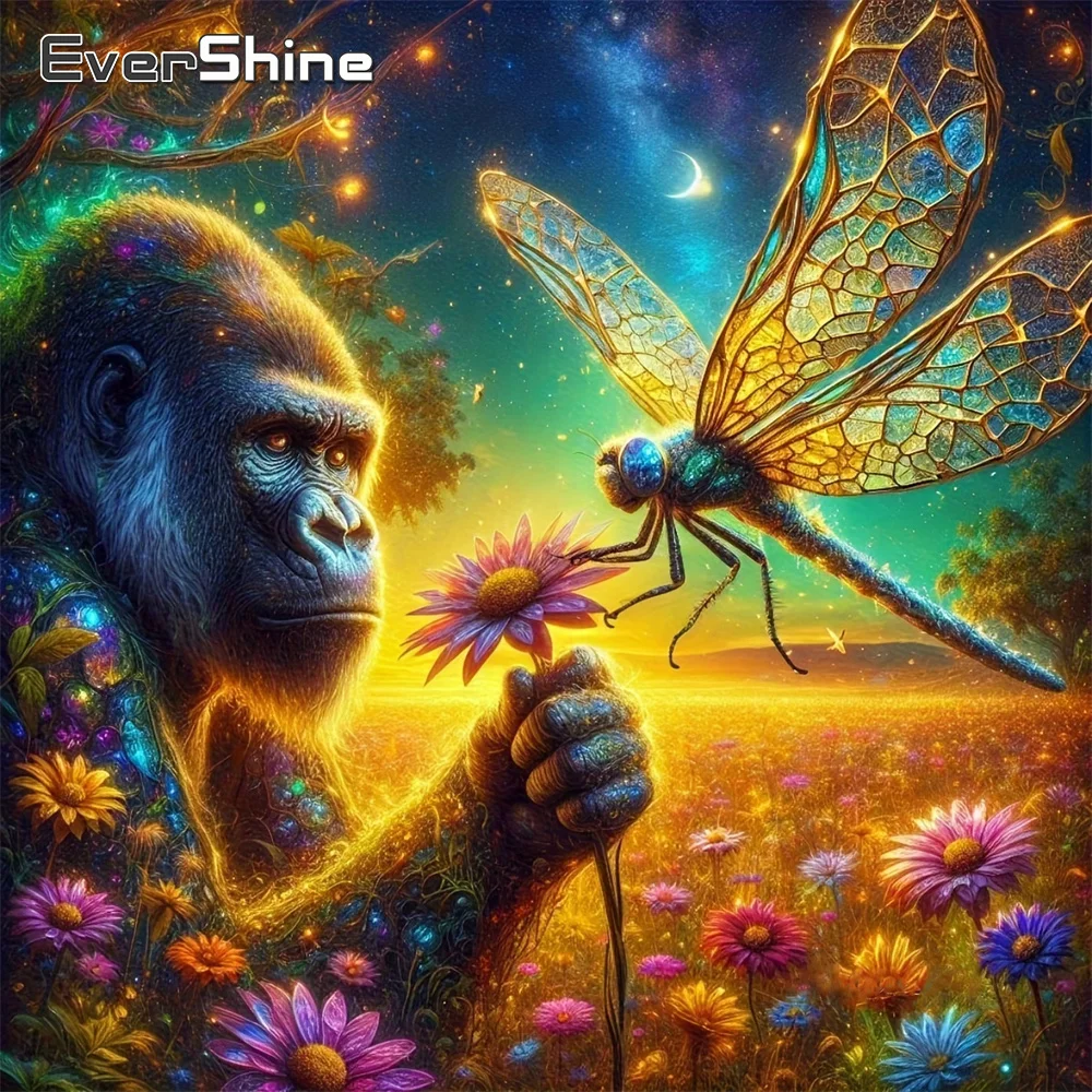 EverShine Diamant-Mosaik Tierbild Strass-Stickerei Affen-Vollbesatz Quadratisches Gemälde Libelle Heimdekoration