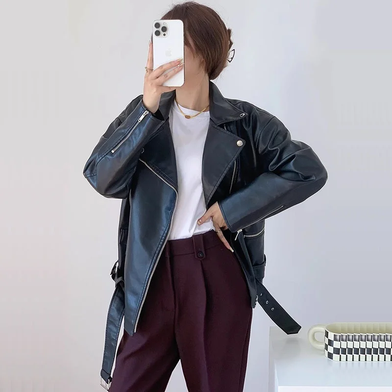 Spring Korean Casual Faux Leather Jacket Women Short Coat With Belt Purple Beige Black Lapel Long Sleeve PU Leather Biker Jacket