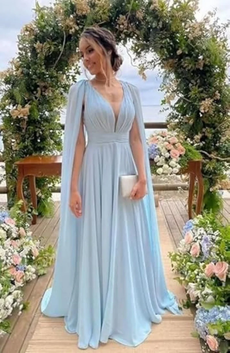 

Chiffon Mother Of The Bride Dresses Sleeveless Long Bridesmaid Dress Pleated V Neck Backless Formal Evening Party Gown with Cape