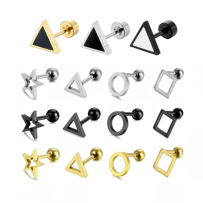 1 Pair Simple Geometric Triangle Round Stainless Steel Stud Earrings For Women/Men Anti-allergic New Pop Ear Jewelry