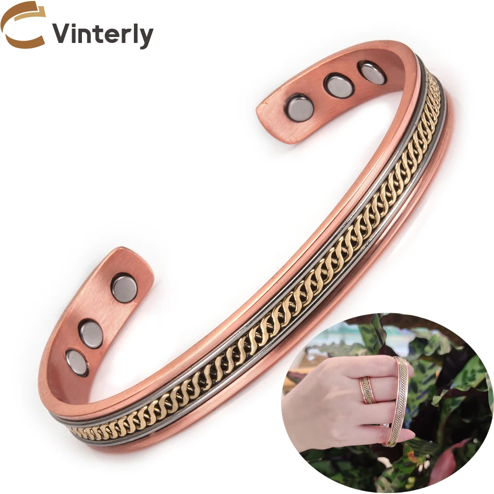 Vinterly Pure Copper Bracelets Female Magnetic Twisted Adjustable High Magnets Braided Open Cuff Bangles Resizable Jewelry Women