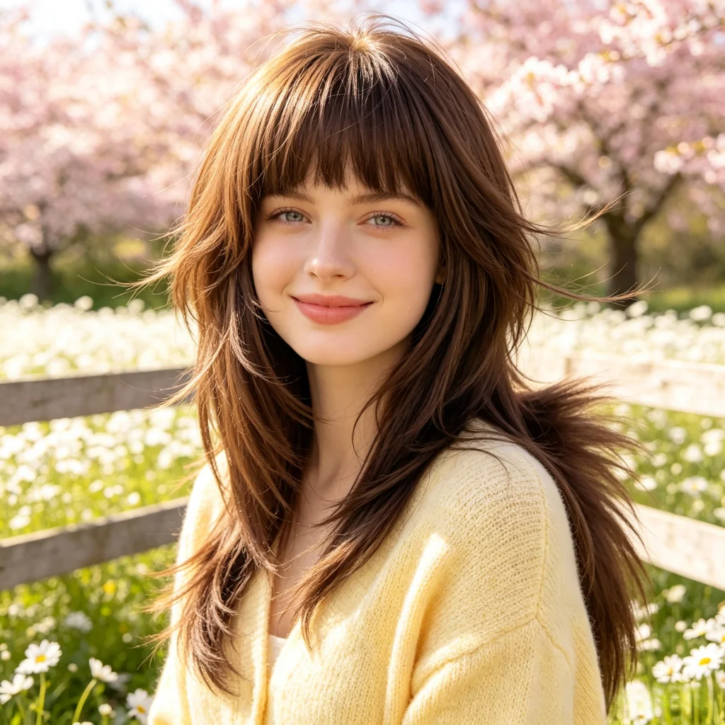 52cm/20.47Inch Brown Wolf Cut Mullet Wig With Bangs For Women, Layered Straight Medium Synthetic Wig, Natural Face Framing Matte Fiber Realistic Wig For Daily Wear Halloween Cosplay