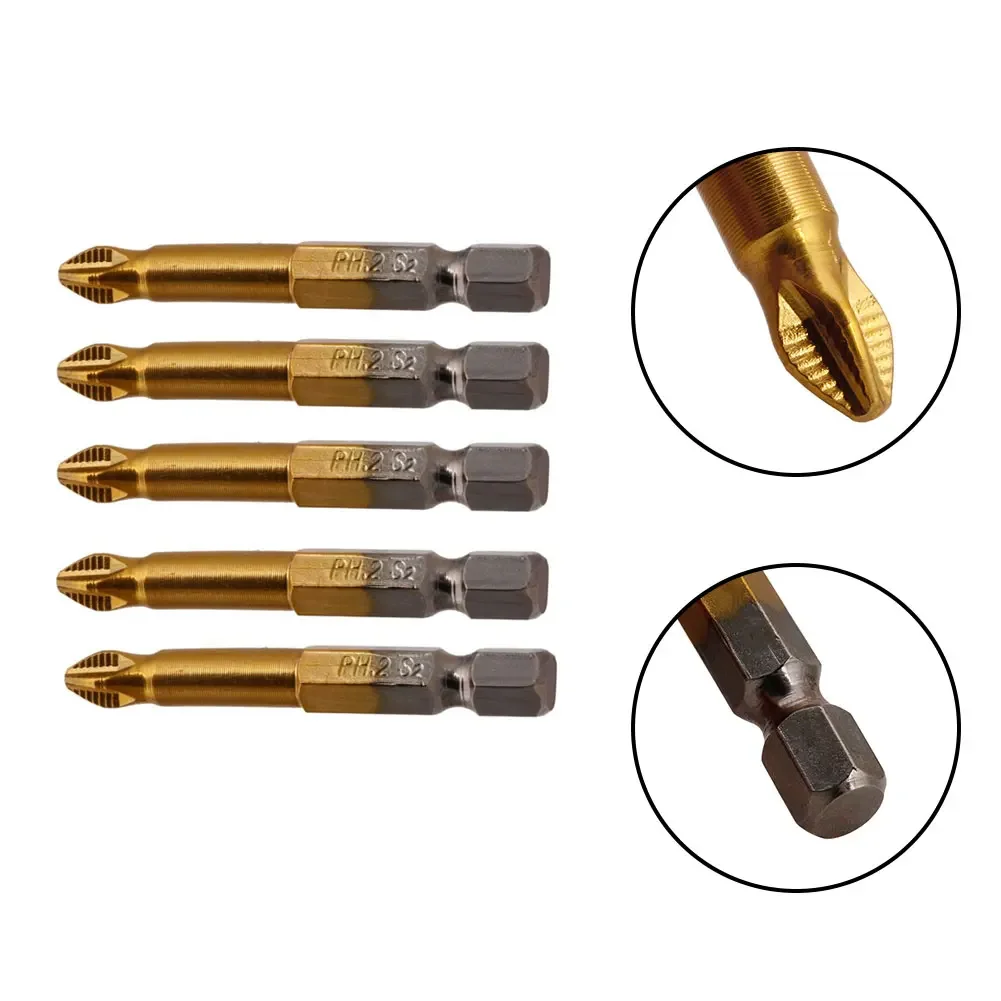 5Pcs Titanium Coated Screwdriver Bit Set PH2 50mm 1/4\