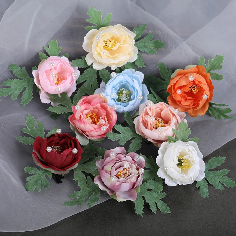 

Fashion Pearl camellia Flower Hair Clip Girls Wholesale Mixed Colors Women Silk Felt Flower Pearl Hairpins Fascinator Headwear