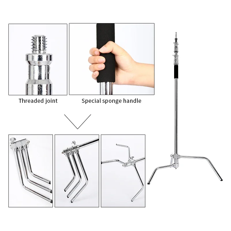 プーリー付き折りたたみ式ステンレス鋼三脚、頑丈、Cスタンド、スポットライト、ソフトボックス、フォトスタジオ、sh 2.6m