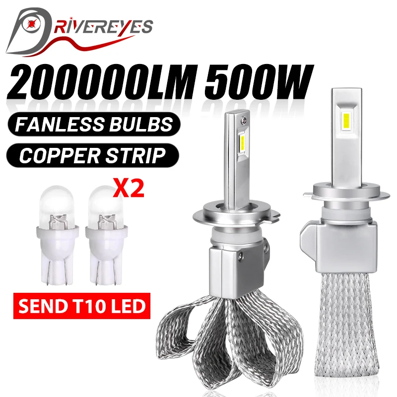 

H7 LED Lights 200000LM 6500K Fanless H4 H11 H1 500W H8 9005 HB3 9006 HB4 H9 3570 CSP Copper Strips Turbo Auto Car Lights 12V 24V