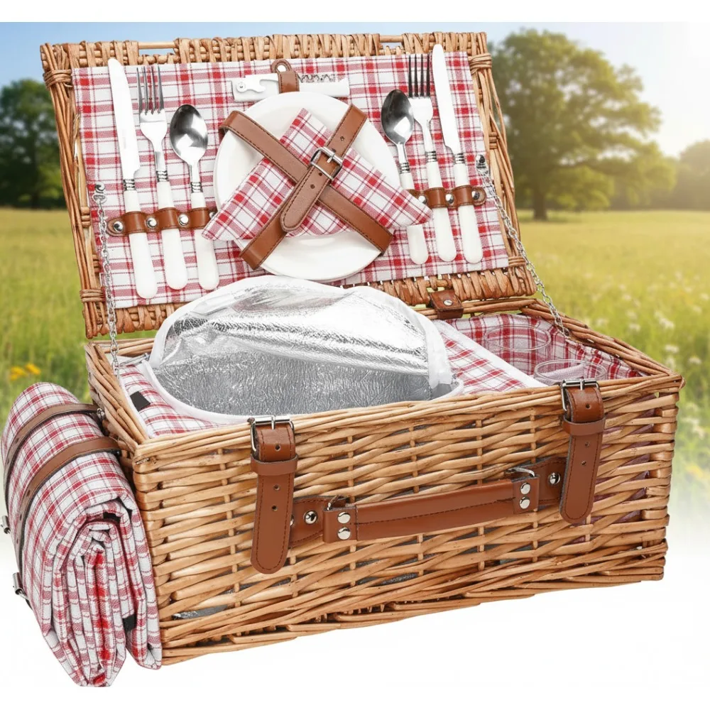 

2-Person Wicker Picnic Basket Set with Waterproof Blanket, Insulated Cooler & Cutlery for Camping, Wedding (Red)