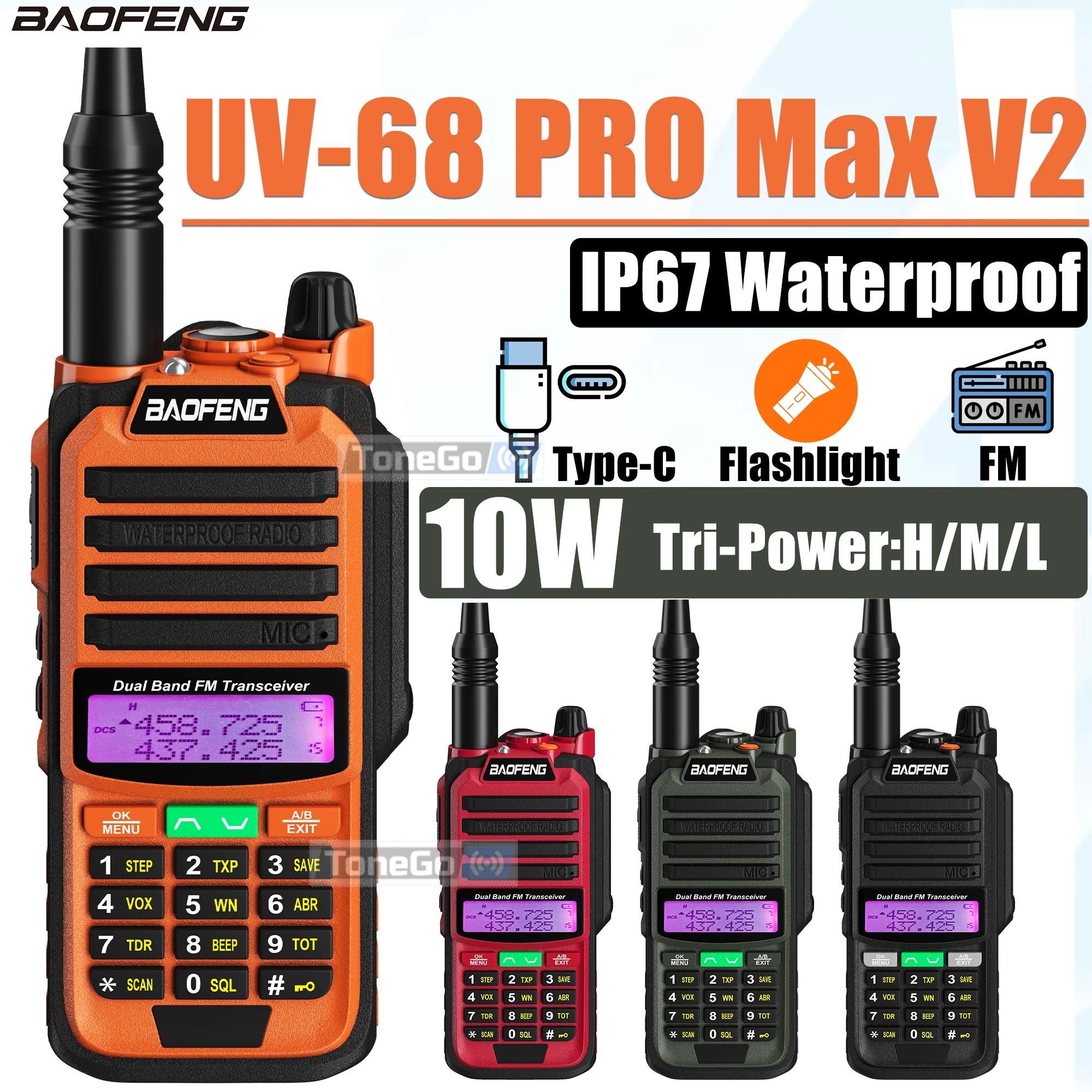 uv-68-pro-max-v2-baofeng-ip67-waterproof-walkie-talkie-tri-power-type-c-10km-uv-98-pro-ham-radio-fm-flashlight-dtmf-transmitter