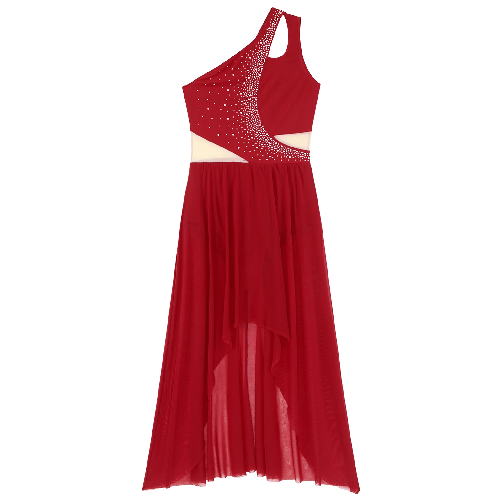 

Womens Girls Modern Lyrical Dance Dresses Shiny Rhinestones One Shoulder Flowy Mesh Dress Professional Dance Performance Costume