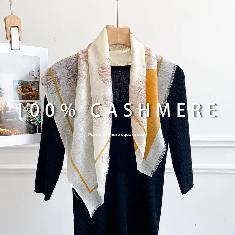 65x65CM 100% CASHMERE Square Scarf Vintage Sketch Floral Soft Light Neck Scarf Women French Style Wrap Shawl Gift
