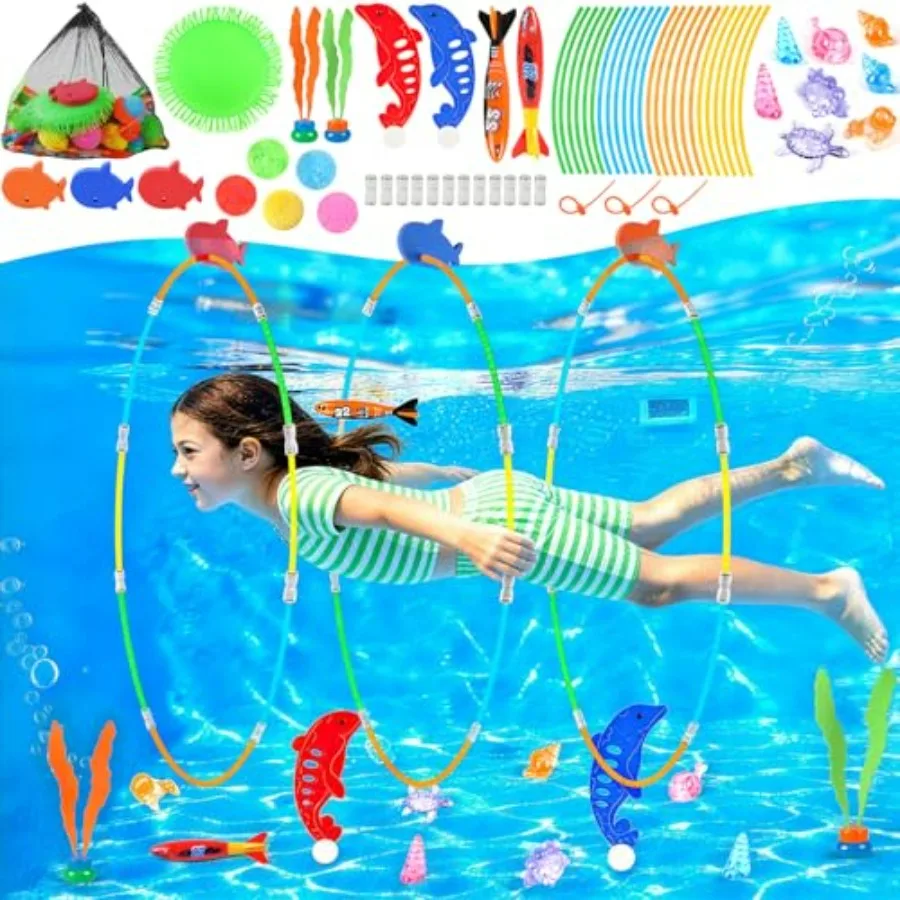 

Pool Toys, 34PCS Swim Thru Rings Pool Games, Diving Toys with Diving Rings, Underwater Treasures, Diving Gems, Water Toys with