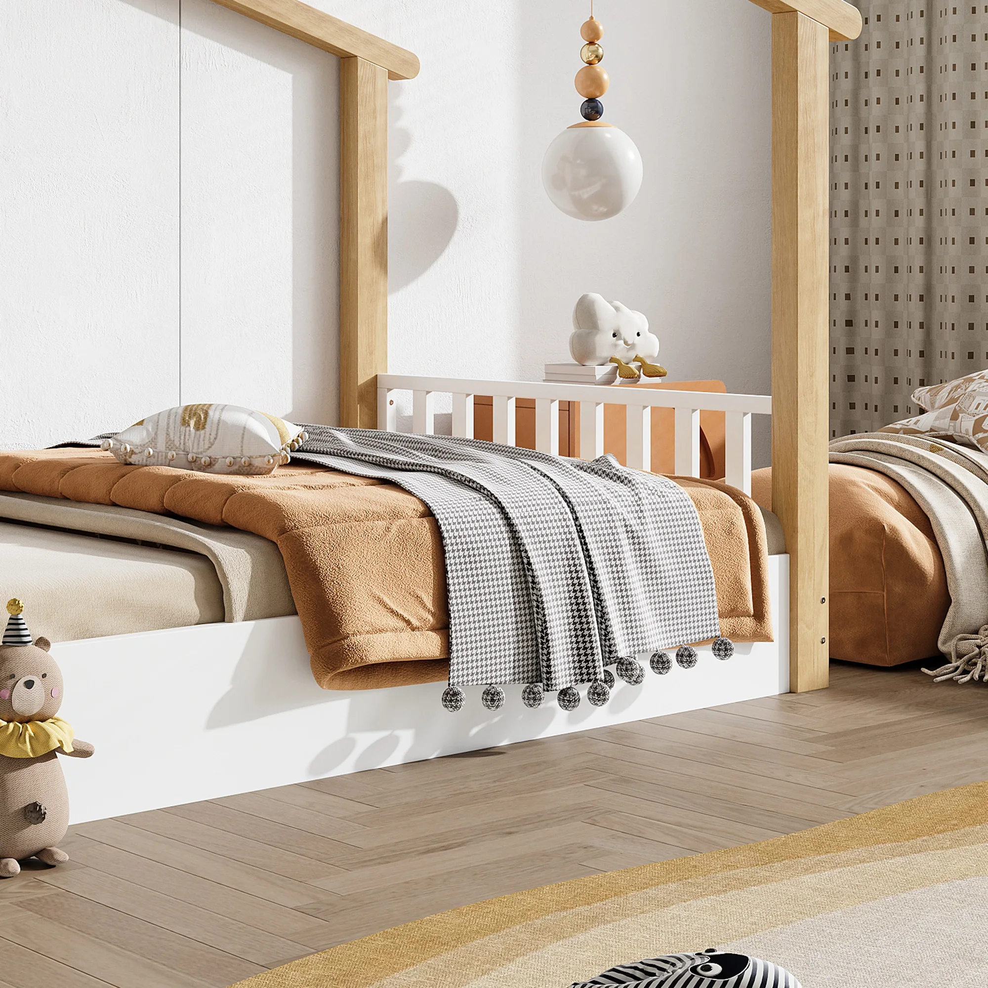 PINGGO Weißes Naturholz-Einzelbett 90x200cm Hausdesign Lattenrost Kiefer+Spanplatte+MDF Ohne Matratze – Detail 4