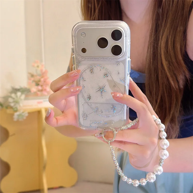 Clear Glitter Star Moon Phone Case For iPhone 15 16 17 Pro Max Luxury Shockproof Camera Cover With Pearl Bead Wrist Chain Strap
