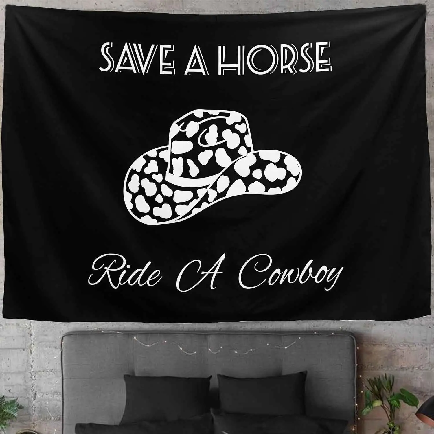 Save A Horse Ride A Cowboy Tapestry Black Tapestry Funny Western Hat Tapestries Wall Hanging for Bedroom College Dorm Living