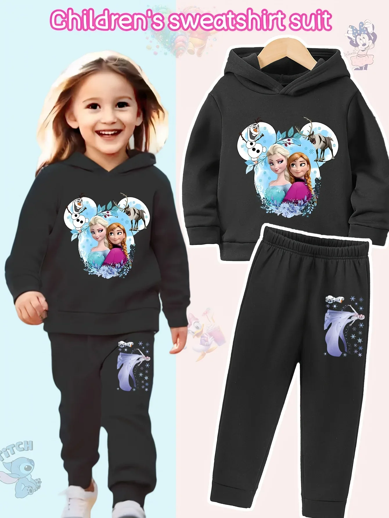 

Conjunto de sudadera y pantalones con capucha para niña, Sudadera con capucha con estampado de princesa y Anna, ropa deportiva i