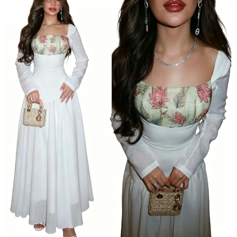 

High Quality Customized Gentle Style White Floral Print Patchwork Maxi Dress Long Sleeve High Waist Flared Skirt Prom Dresses