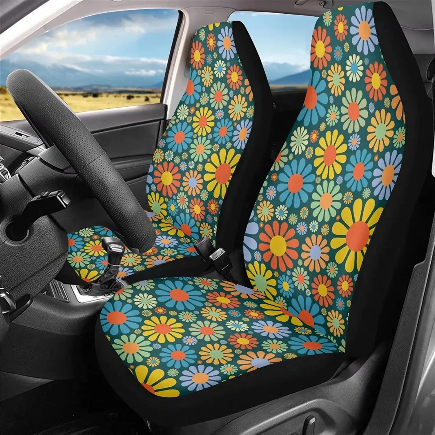 Hippie Flower Automobile Seat Covers Daisy Front Car Seat Covers Set of 2 Protector Car Mat Universal Fit Most Car Truck