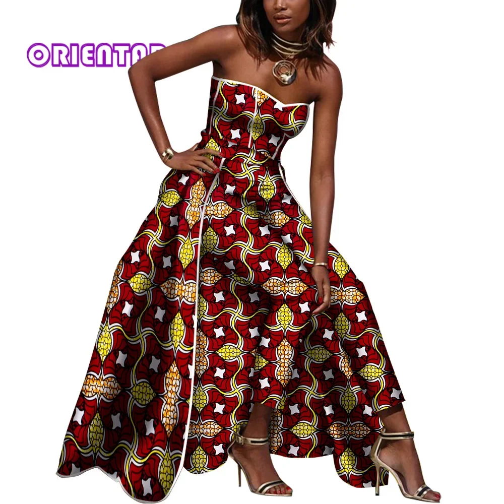 Fashion African Clothes for Women Off Shoulder Jumpsuits with Tail Bazin Riche Print Pants Lady Long Rompers Party WY8030