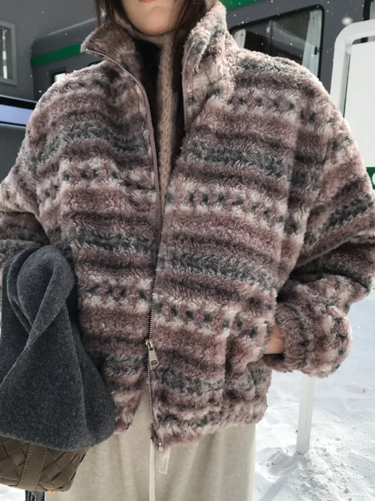 

Retro Fair Isle Color Blo Cotton Lamb Fur Jaet Women's Winter New Sle Warm Versatile Cotton Clothes Korean Sle