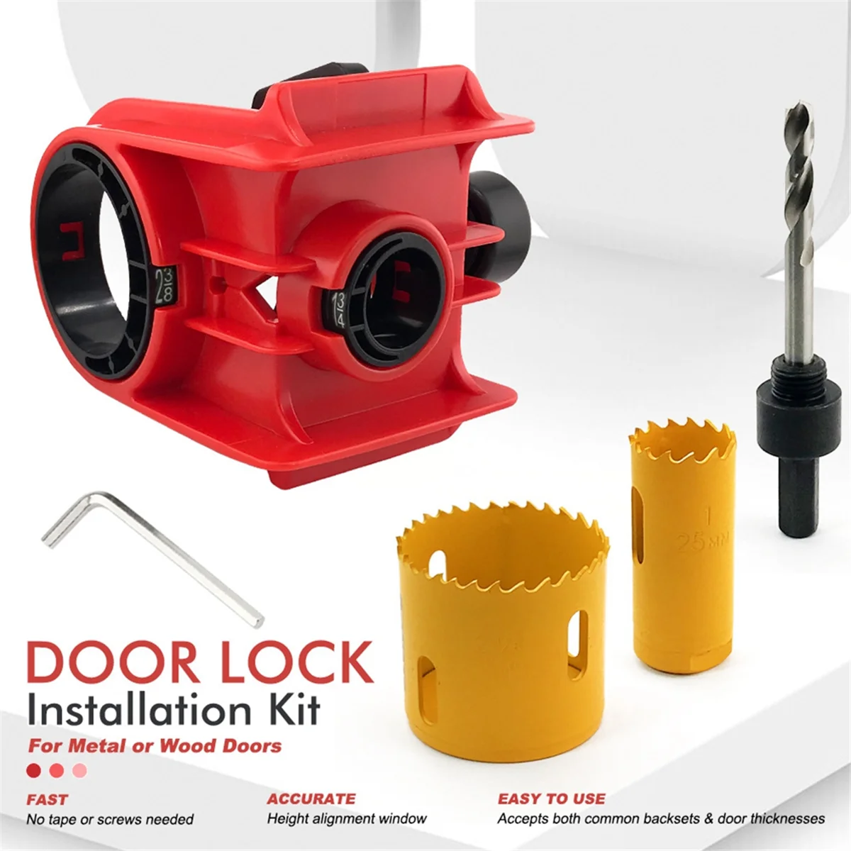 A002 Door Lock Installation Kit,Door Lock Jig for Metal or Wood Doors,Hole Saw Kit for Easy Lockset Installation Red