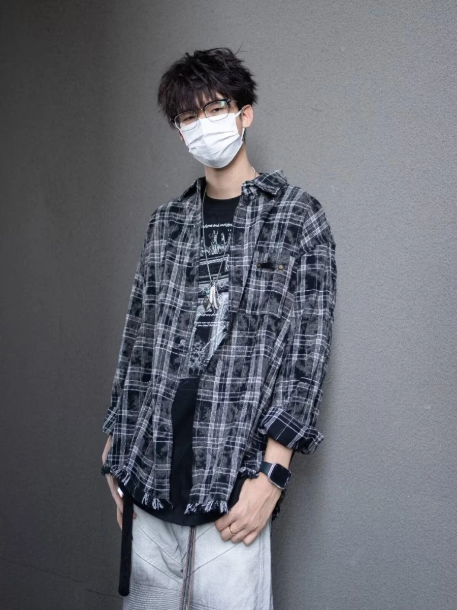 

Американская ретро-рубашка в клетку с эффектом тай-дай, повседневная, с длинным рукавом, свободного кроя, весенне-осенняя верхняя одежда для пар, из полиэстера