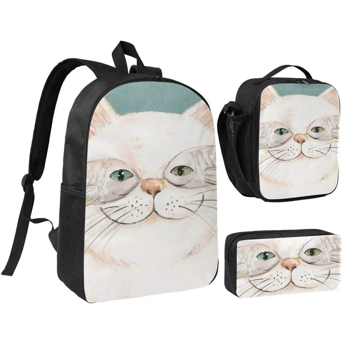 Funny Cats And Fishes Backpack Student BookBag School Bag Shoulder Bags 3ps Insulated Lunch Bag Pencil Case