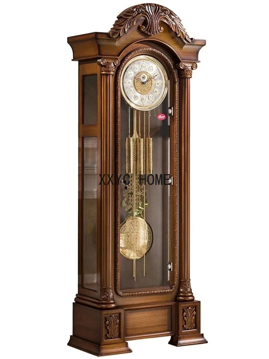 

German Hermle Movement European the Grandfather Clock Mechanical Living Room Clock Solid Wood Carved Classical Copper Bell