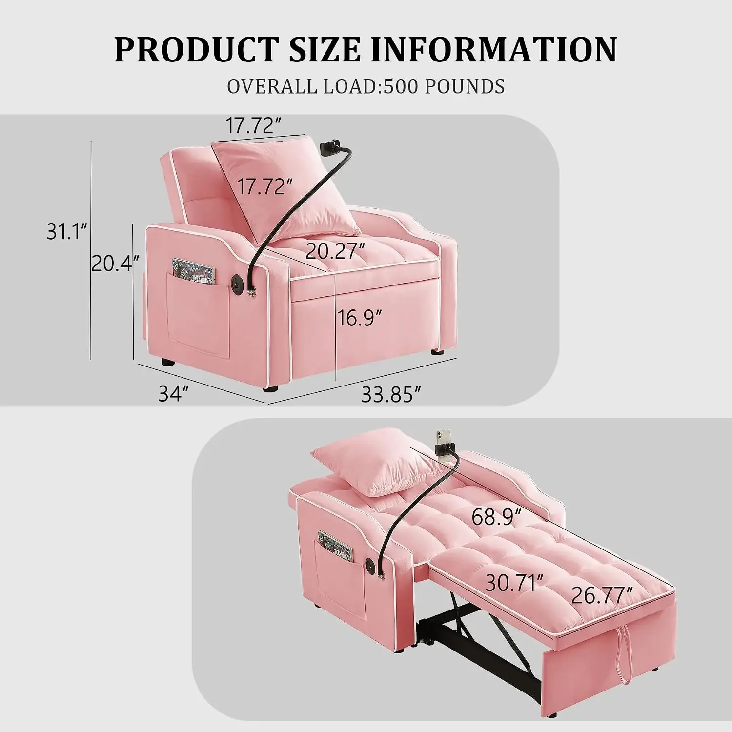 Convertible Single Sleeper Chair Bed, 3 in 1 Velvet Futon Sofa Bed With Phone Holder & USB Ports, Pull Out Couch Bed (Pink)