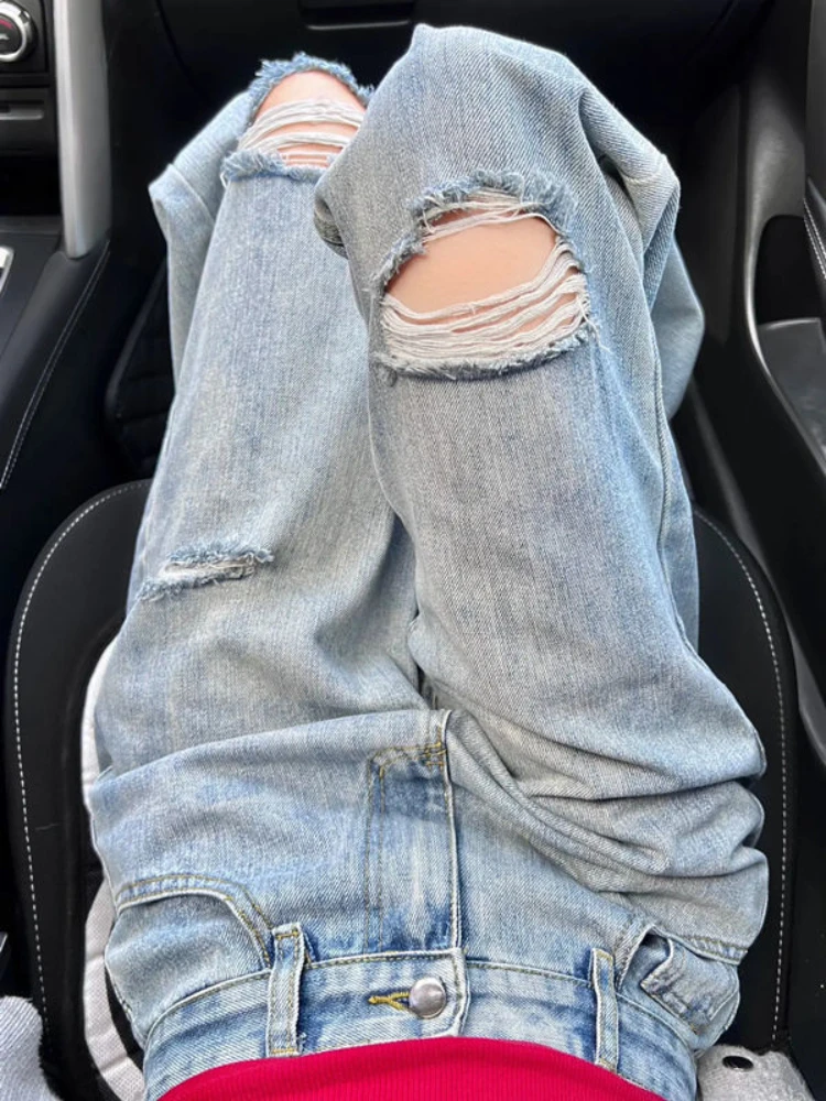 High Street Hole Jeans Women Autumn Harajuku Denim Retro Straight Casual Full Length Lady Empire Vintage Pockets Trendy College